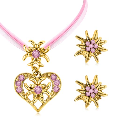 MAOSHYMS Oktoberfest Trachtenschmuck Damen,Trachtenkette Wiesnherz für Damen Bierfest Trachten Dirndl Outfit Accessoires (Gold Rosa) von MAOSHYMS