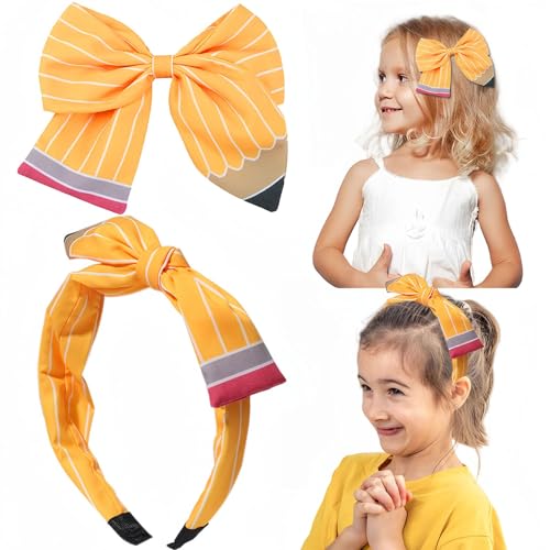 2 Stück Bleistift Haarreifen für den Schulanfang,Bleistift Schleifen Haarspangen,Haarschleife,Haarklammer,Stirnband,Haarschmuck, Haarbänder,Haar Accessoires für Mädchen Damen Zurück Schule Geschenk von MAOSHYMS