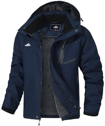 MAOYSSEN Herren Mountain Skijacke Wasserdicht Wintermantel Warme Snowboardjacke Schnee Windbreaker Kapuze für Wandern, Marineblau, Large von MAOYSSEN