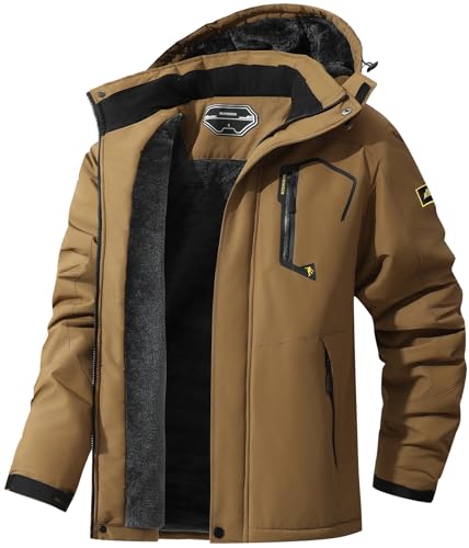 MAOYSSEN Herren Skijacke Warm Winter Schnee Mantel Wasserdicht Berg Windbreaker Snowboardjacke Kapuze für Wandern Reisen, Braun, XXL von MAOYSSEN