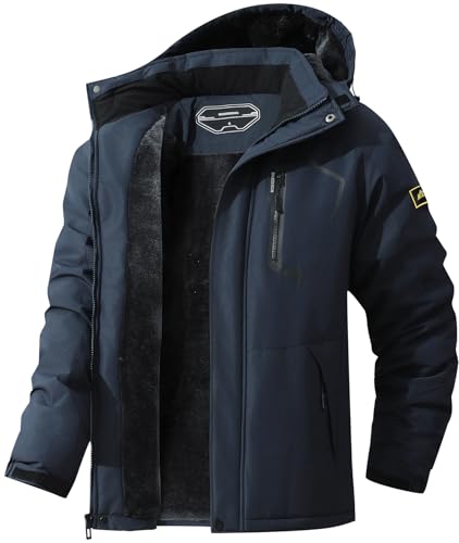 MAOYSSEN Herren Skijacke Warm Winter Schnee Mantel Wasserdicht Berg Windbreaker Snowboardjacke Kapuze für Wandern Reisen, Dunkelblau, L von MAOYSSEN