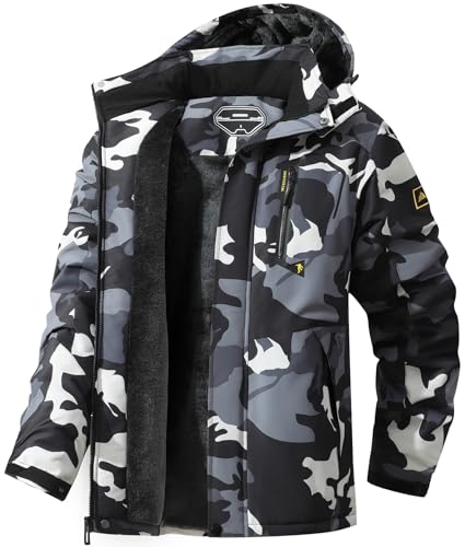 MAOYSSEN Herren Skijacke Warm Winter Schnee Mantel Wasserdicht Berg Windbreaker Snowboardjacke Kapuze für Wandern Reisen, Schwarz Camouflage, L von MAOYSSEN