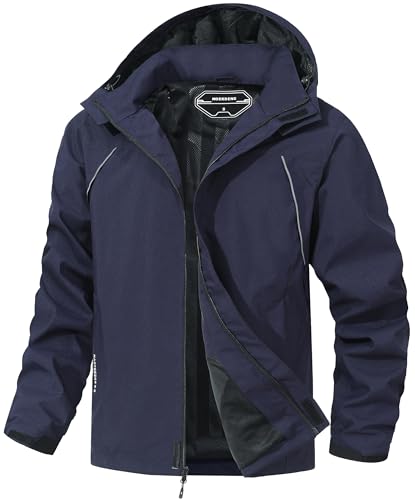 MAOYSSEN Outdoor Herren Regenmantel Wasserdicht Windbreaker Leichte Regenjacke mit Abnehmbarer Kapuze, Marineblau, X-Large von MAOYSSEN