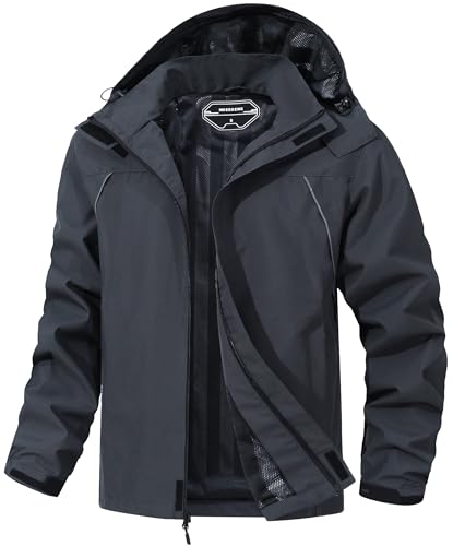 MAOYSSEN Outdoor Herren Regenmantel Wasserdicht Windbreaker Leichte Regenjacke mit Abnehmbarer Kapuze, grau dunkel, Large von MAOYSSEN