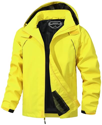 MAOYSSEN Outdoor Herren Regenmantel Wasserdicht Windbreaker Leichte Regenjacke mit Abnehmbarer Kapuze, hellgelb, Medium von MAOYSSEN