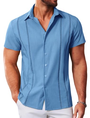 MAPICK Herren Cuban Guayabera Casual Shirts Button Down Kurzarm Kleid Shirt Sommer Strand Mexikanische Tops, Blau, L MAPICK Herren Cuban Guayabera Casual Shirts Button Down Kurzarm Kleid Shirt Sommer Strand Mexikanische Tops, Blau, L von MAPICK