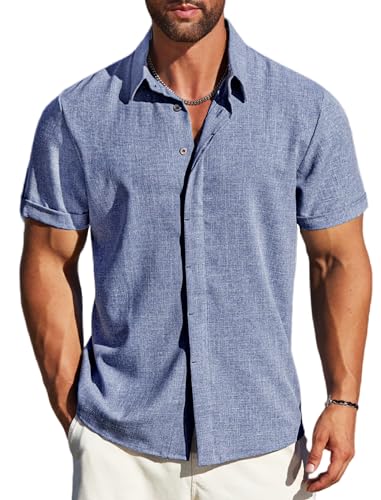 MAPICK Herren Leinenhemden Kurzarm Button Down Freizeithemd Business Kleid Kleidung Strandmode Sommer Tops, A-Denim Blue, XL von MAPICK