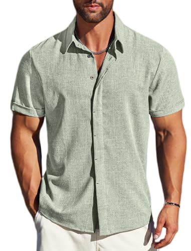 MAPICK Herren Leinenhemden Kurzarm Button Down Freizeithemd Business Kleid Kleidung Strandmode Sommer Tops, A-Salbeigrün, XL von MAPICK