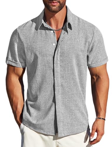 MAPICK Herren Leinenhemden Kurzarm Button Down Freizeithemd Business Kleid Kleidung Strandmode Sommer Tops, Hellgrau, XL von MAPICK