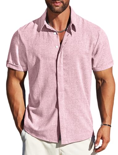 MAPICK Herren Leinenhemden Kurzarm Button Down Freizeithemd Business Kleid Kleidung Strandmode Sommer Tops, Pink, XL von MAPICK