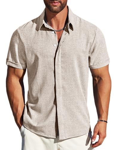 MAPICK Herren Leinenhemden Kurzarm Button Down Freizeithemd Business Kleid Kleidung Strandmode Sommer Tops, Schiefergrau, XL von MAPICK