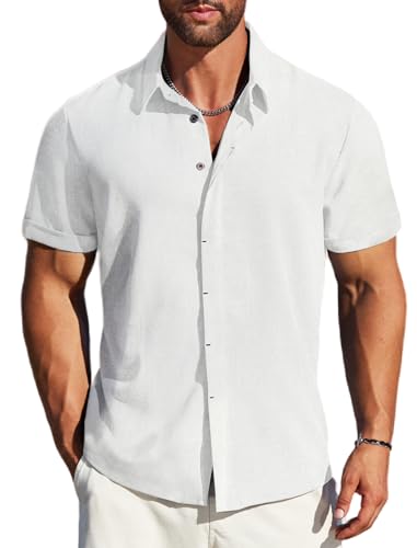 MAPICK Herren Leinenhemden Kurzarm Button Down Freizeithemd Business Kleid Kleidung Strandmode Sommer Tops, Weiss/opulenter Garten, XL von MAPICK