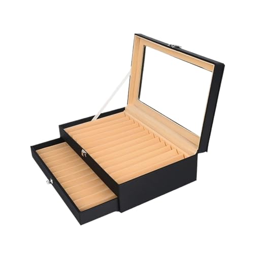 MAQDDO Aufbewahrungsvitrine for Füllfederhalter aus Leder, 12/24/36 Fächer, Schubladentyp, Flanell-Organizer-Box FüR GeschäFte(Black-24pens) von MAQDDO
