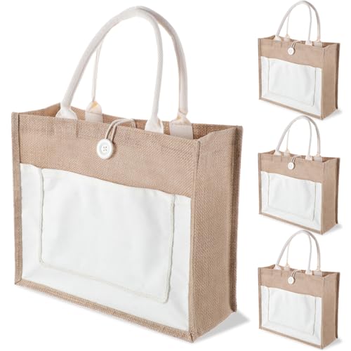 MAQUITA Jute-Tragetaschen, 4 Stück, natürliche Jute, wiederverwendbar, Geschenkbeutel mit Griffen, blanko, für Brautjungfer, Hochzeit, Frauenmarkt, Lebensmitteleinkäufe, Junggesellinnenabschied von MAQUITA