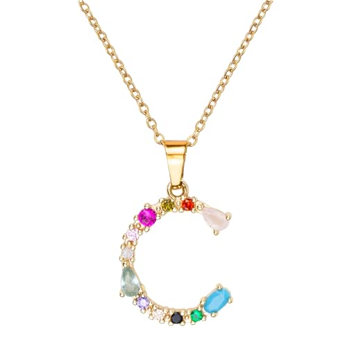 MARARDI Damenanhänger Gold mit Personalisierter Initiale - Halskette Frauen [C] mit Goldfarbener Buchstabe und Farbige Steine - Damenhalsketten Passend für Jeden Anlass Originell Elegant von MARARDI