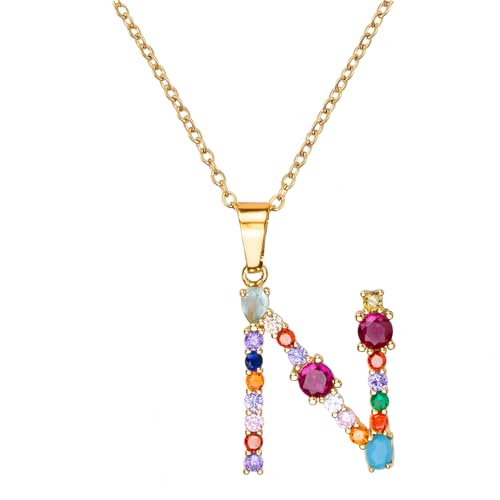 MARARDI Damenanhänger Gold mit Personalisierter Initiale - Halskette Frauen [N] mit Goldfarbener Buchstabe und Farbige Steine - Damenhalsketten Passend für Jeden Anlass Originell Elegant von MARARDI