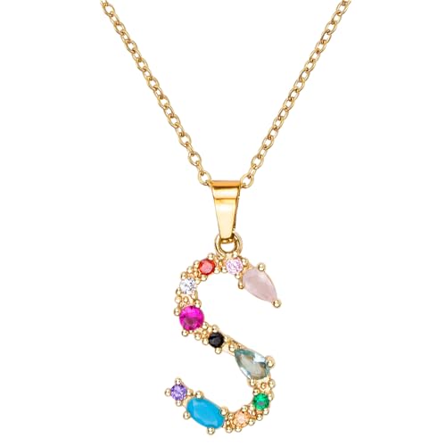 MARARDI Damenanhänger Gold mit Personalisierter Initiale - Halskette Frauen [S] mit Goldfarbener Buchstabe und Farbige Steine - Damenhalsketten Passend für Jeden Anlass Originell Elegant von MARARDI