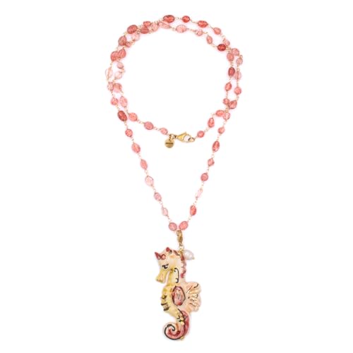 MARARDI Kette Damen [Didi Cavalluccio Rosa] Italienische Charm Keramik aus Caltagirona - Halsketten mit Naturstein 80 CM Lang [Quarz] Handmade Elegant Originale für Alltag und Besondere Anlässe von MARARDI
