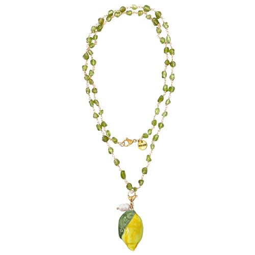 MARARDI Kette Damen [Didi Limone] Italienische Charm Keramik aus Caltagirona - Halsketten mit Naturstein 80 CM Lang [Olivine] Handmade Elegant Originale für Alltag und Besondere Anlässe von MARARDI