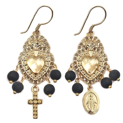 MARARDI Ohrringe Damen Italienische gold mit vulkanischen lavabällen [Cuore Dolce Nero] Lange Handmade Italienischer Schmuck Elegant Originale für Alltag Events Hochzeiten besondere Anlässe von MARARDI