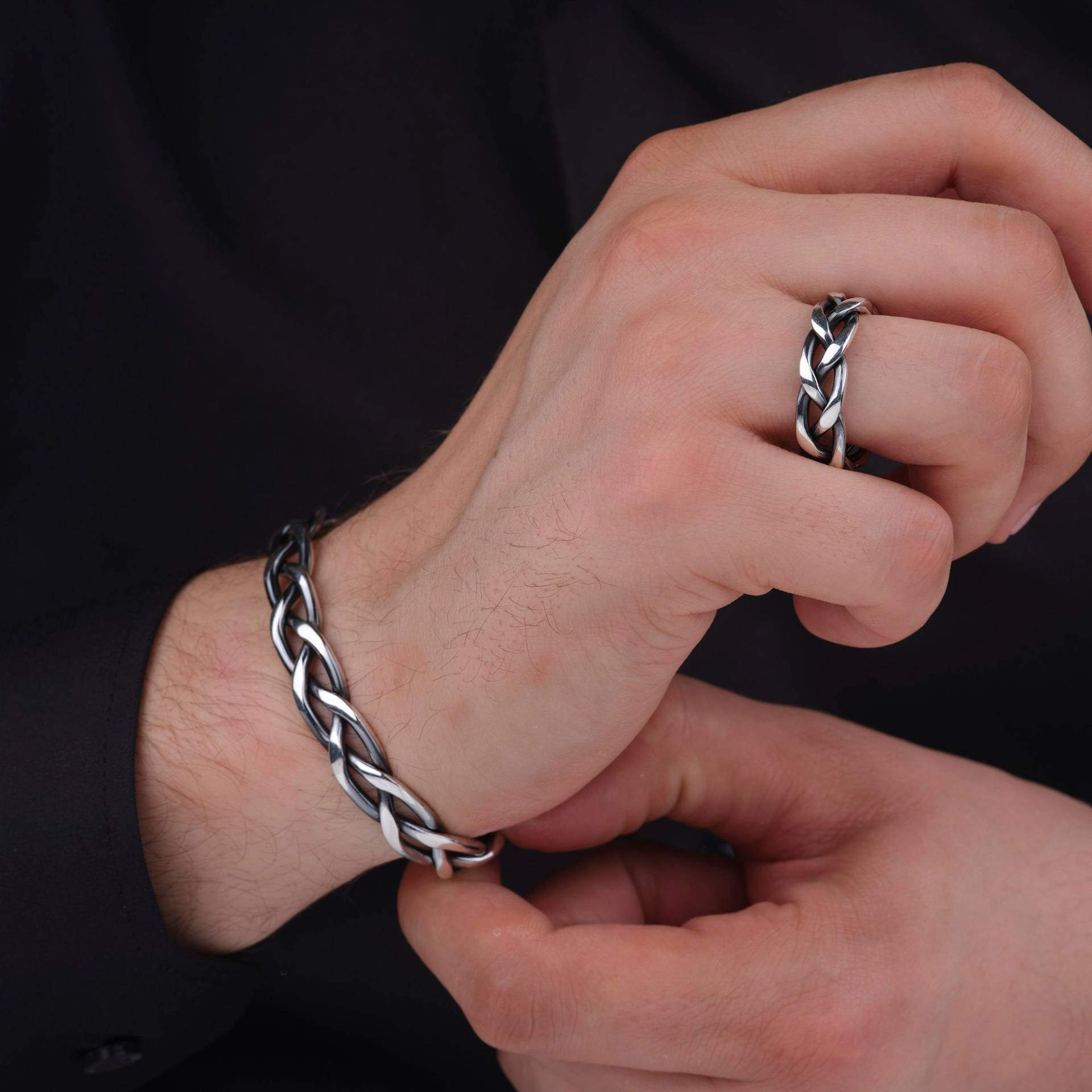 Silber Herren Strickmuster Manschetten Set, Minimalist Schmuck Set Für Männer, Ring, Manschette, Geschenk Idee Ihn von MARASBULLA