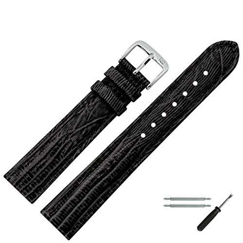 MARBURGER Uhrenarmband 8mm Leder Schwarz Silber Eidechse (Teju) Prägung Mit Naht - Montage Set 3550810000120 von MARBURGER