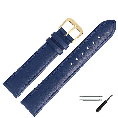 MARBURGER Uhrenarmband 14mm Leder Blau Gold Glatt Mit Naht - Montage Set 8071451000220 von MARBURGER