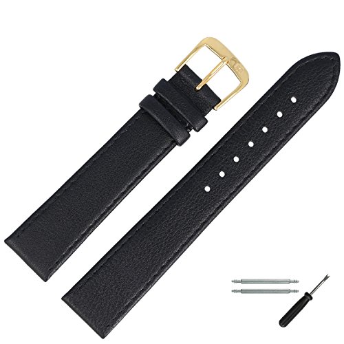 MARBURGER Uhrenarmband 18mm Leder Schwarz Gold Glatt Mit Naht - Montage Set 7591810000220 von MARBURGER