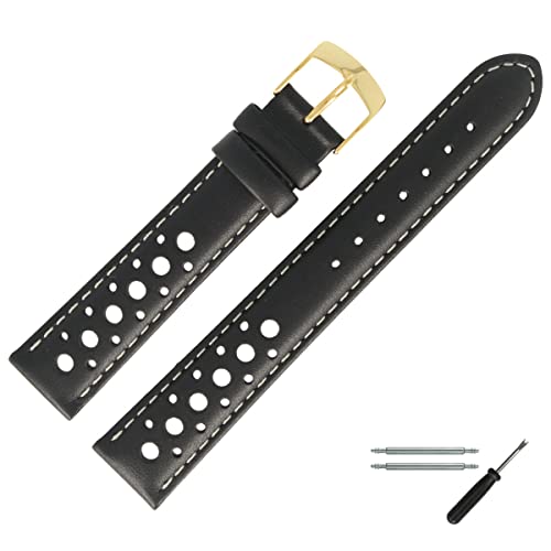 MARBURGER Uhrenarmband 18mm Leder Schwarz Gold Mit Naht - Montage Set 7841810420220 von MARBURGER