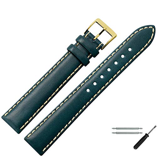 MARBURGER Uhrenarmband 20mm Leder Blau Gold XL Glatt Mit Naht - Montage Set 8022051000220 von MARBURGER