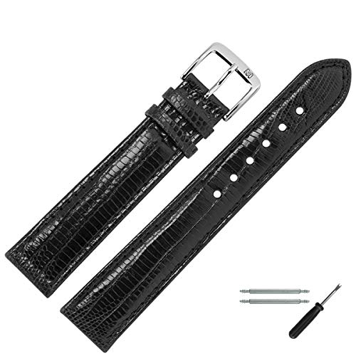 MARBURGER Uhrenarmband 20mm Leder Schwarz Silber Eidechse (Teju) Prägung Mit Naht - Montage Set 8272010000120 von MARBURGER
