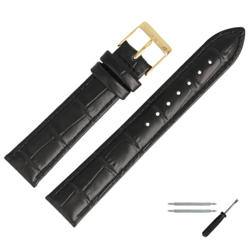 MARBURGER Uhrenarmband 22mm Leder Schwarz Gold Alligator Prägung Mit Naht - Montage Set 2772210000220 von MARBURGER