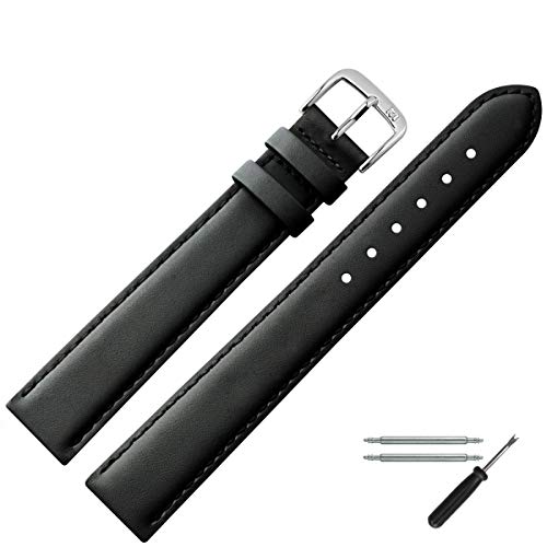 MARBURGER Uhrenarmband 26mm Leder Schwarz Silber XL Glatt Mit Naht - Montage Set 6602610000120 von MARBURGER