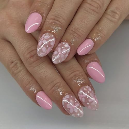 24 Stück Mandel-Nägel zum Aufdrücken, Blumendesign, französische künstliche Nägel, Acryl, künstliche Kleber, für Frauen, zum Aufdrücken, Sarg, Mandel, französische Spitze von MARCBUSE