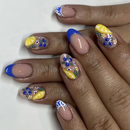 Künstliche Fingernägel, Mandelfarben, zum Aufdrücken, Zitronen-Designs, französische Spitzen, Acrylkleber, Nägel für Damen, transparent, 24 Stück von MARCBUSE