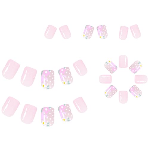 Künstliche Nägel zum Aufdrücken, quadratisch, mit Blumendesign, Kunstnägel, Kunstnägel, für Damen, Sarg, Mandel, französische Spitze, 24 Stück von MARCBUSE
