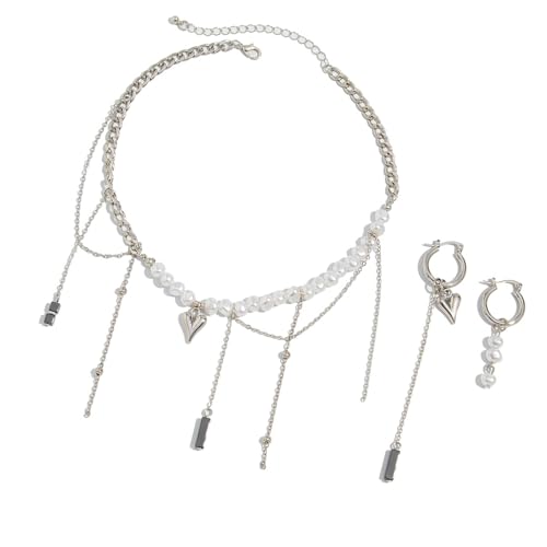MARCBUSE Handgefertigte Perlen-Choker-Ohrringe und Halskette mit Herz-Anhänger und Schichtkette, Schmuck für Frauen, süße, kantige Perlen-Accessoires, Einheitsgröße, Wie beschrieben, Wie beschrieben von MARCBUSE