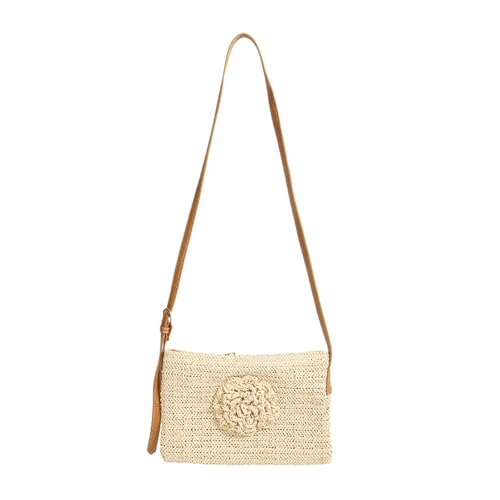 MARCBUSE Handgefertigte gewebte Strohtasche für Damen, für Urlaub, Strand, Reisen und lässige Crossbody-Tasche mit Blumendekor, Strand-Crossbody-Tasche für Damen, handgewebtes Stroh, beige, One Size von MARCBUSE