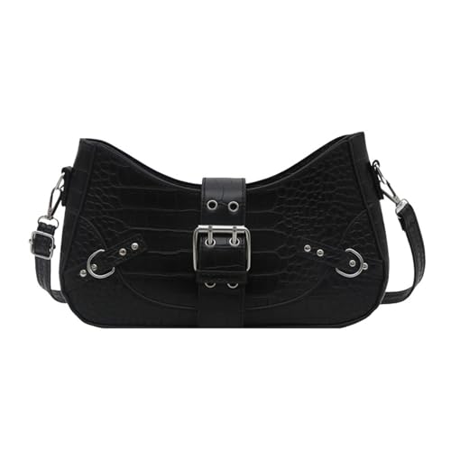 Trendige Umhängetasche mit Gürtelriemen und Nietendetails, leichtes PU-Leder, lässige Unterarmtasche für Damen, Gürtelakzente, Schultertasche, Schwarz , One Size von MARCBUSE