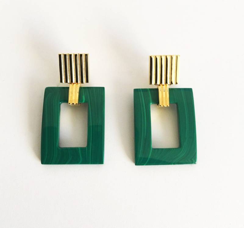 Natürliche Grüne Malachit Hoop Quadrat 18K Gold & Silber Ohrringe, Geschenk Für Sie von MARCELLORICCIOLONDON