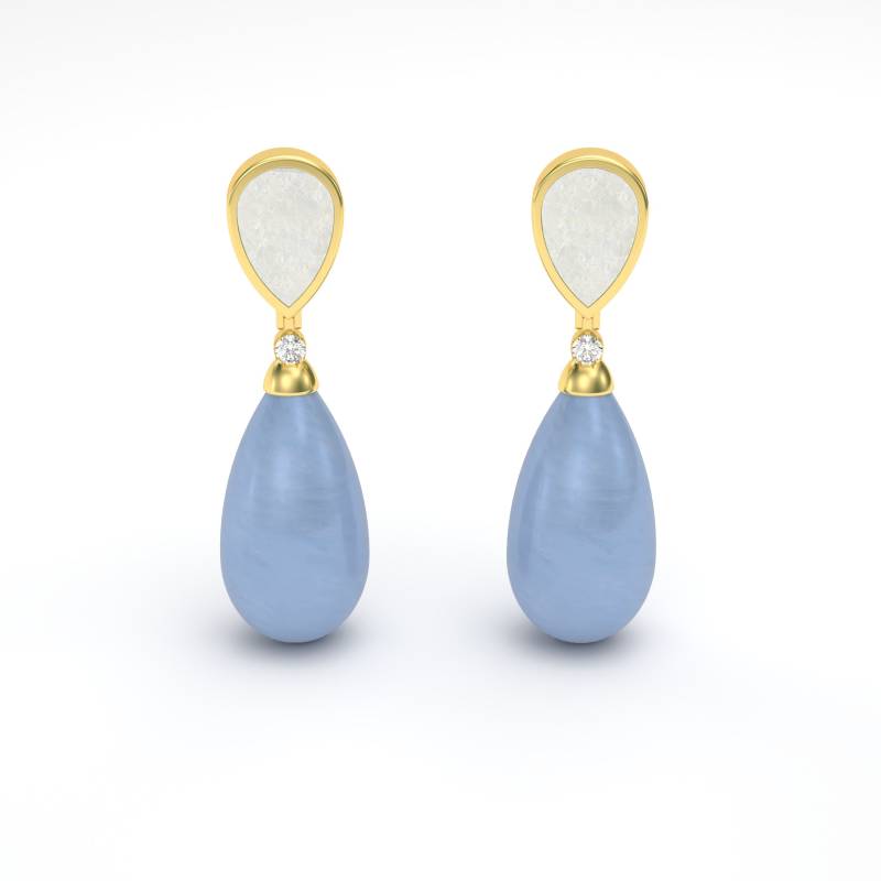 Perlmutt, Blauer Achat & Diamant Gold Teardrop Baumeln Ohrringe von MARCELLORICCIOLONDON