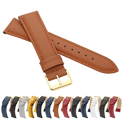 MARCHEL Glattleder 14 mm Hellbraun LLB-125 Gold Lederarmband Echtleder Uhrenarmband Uhrband Rindsleder Feines Leder Uhr Band von MARCHEL