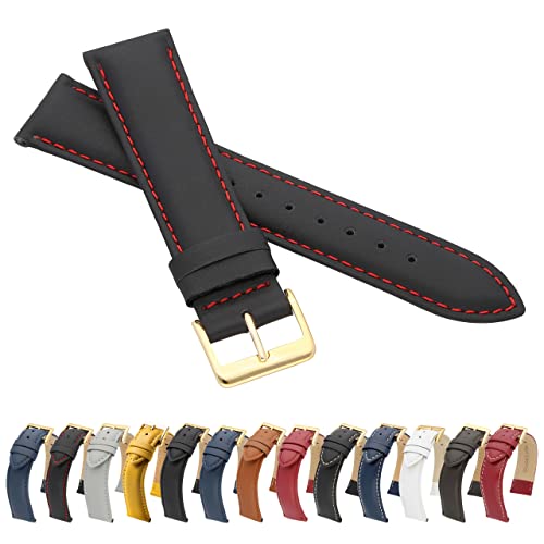 MARCHEL Glattleder 18 mm Schwarz-Rot XL LLB-115 Extra Lang Gold Lederarmband Echtleder Uhrenarmband Uhrband Rindsleder Feines Leder Uhr Band von MARCHEL