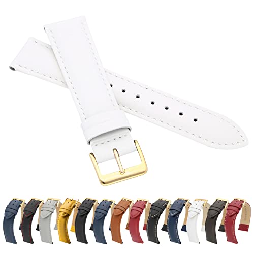 MARCHEL Glattleder Echtleder 14mm Weiß Extra Lang LLB XL Schließe in Gold Lederarmband Uhrenarmband Rindsleder Feines Leder von MARCHEL