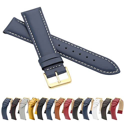 MARCHEL Glattleder LLB135 18 mm Blau-Weiß Gold Lederarmband Echtleder Uhrenarmband Rindsleder Feines Leder Uhr Band von MARCHEL
