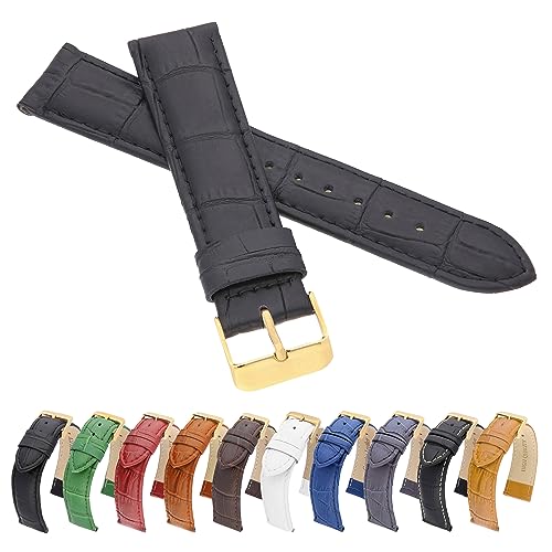 MARCHEL Gold Croco 19 mm LM-145 Schwarz Krokoprägung Uhrenarmband Krokodilmuster Uhrband Rindsleder Goldene Schließe von MARCHEL