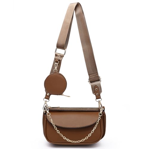 MARCO M KELLY Kleine Umhängetasche für Damen mit Münzgeld, veganes Leder, 3 Schultertaschen, mehrere Taschen, Designer-Handtaschen, Braun von MARCO M KELLY