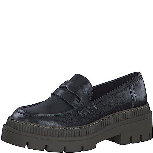 MARCO TOZZI Damen Loafer mit Plateau aus Kunstleder Klassisch, Schwarz (Black/Khaki), 36 von MARCO TOZZI