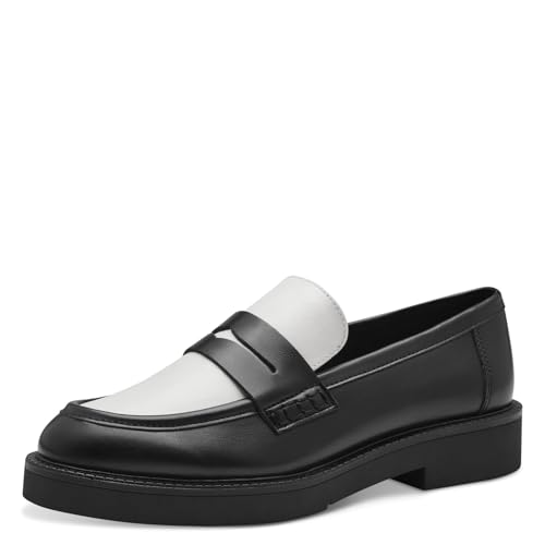 MARCO TOZZI Damen Loafer ohne Absatz aus Kunstleder mit Blockabsatz, Schwarz (Black/White), 41 EU von MARCO TOZZI