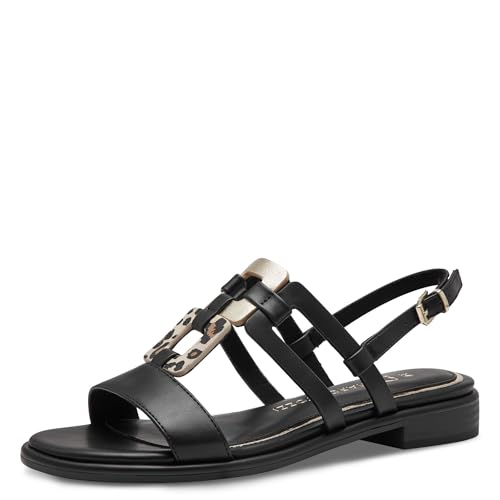 MARCO TOZZI Damen Sandalen flach mit Schließe Sommer, Schwarz (Black/Leo), 37 EU von MARCO TOZZI